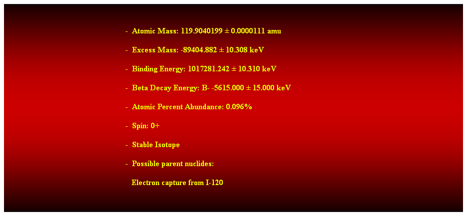 Cuadro de texto:  
-  Atomic Mass: 119.9040199  0.0000111 amu 
-  Excess Mass: -89404.882  10.308 keV 
-  Binding Energy: 1017281.242  10.310 keV 
-  Beta Decay Energy: B- -5615.000  15.000 keV 
-  Atomic Percent Abundance: 0.096% 
-  Spin: 0+ 
-  Stable Isotope 
-  Possible parent nuclides: 
   Electron capture from I-120 
