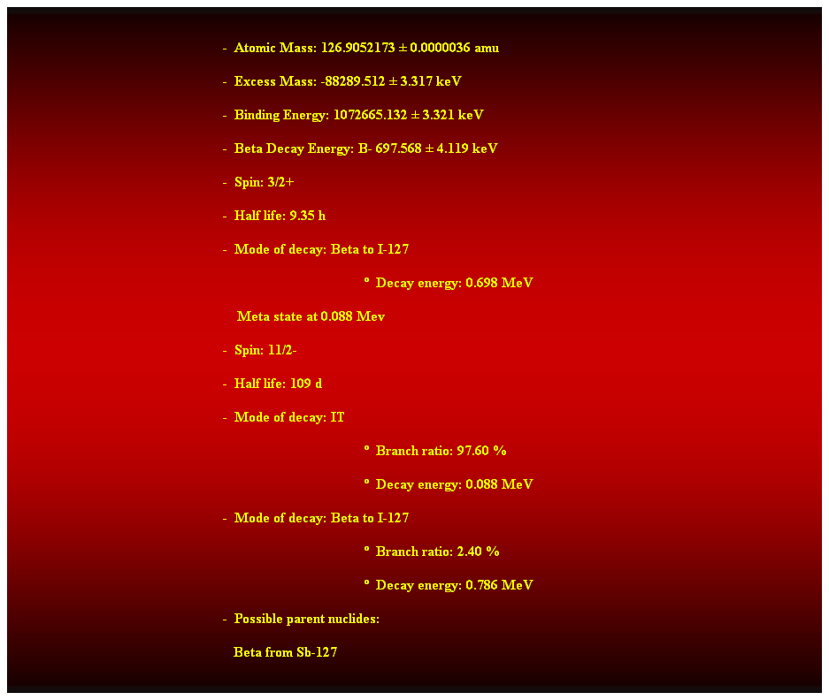 Cuadro de texto:  
-  Atomic Mass: 126.9052173  0.0000036 amu 
-  Excess Mass: -88289.512  3.317 keV 
-  Binding Energy: 1072665.132  3.321 keV 
-  Beta Decay Energy: B- 697.568  4.119 keV 
-  Spin: 3/2+ 
-  Half life: 9.35 h 
-  Mode of decay: Beta to I-127 
  Decay energy: 0.698 MeV 
    Meta state at 0.088 Mev 
-  Spin: 11/2- 
-  Half life: 109 d 
-  Mode of decay: IT 
  Branch ratio: 97.60 % 
  Decay energy: 0.088 MeV 
-  Mode of decay: Beta to I-127 
  Branch ratio: 2.40 % 
  Decay energy: 0.786 MeV 
-  Possible parent nuclides: 
   Beta from Sb-127
