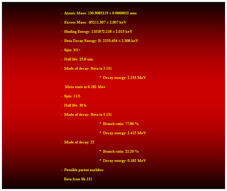 Cuadro de texto:  
-  Atomic Mass: 130.9085219  0.0000022 amu 
-  Excess Mass: -85211.307  2.007 keV 
-  Binding Energy: 1101872.218  2.015 keV 
-  Beta Decay Energy: B- 2233.454  2.308 keV 
-  Spin: 3/2+ 
-  Half life: 25.0 min 
-  Mode of decay: Beta to I-131 
  Decay energy: 2.233 MeV 
    Meta state at 0.182 Mev 
-  Spin: 11/2- 
-  Half life: 30 h 
-  Mode of decay: Beta to I-131 
  Branch ratio: 77.80 % 
  Decay energy: 2.415 MeV 
-  Mode of decay: IT 
  Branch ratio: 22.20 % 
  Decay energy: 0.182 MeV 
-  Possible parent nuclides: 
   Beta from Sb-131 
