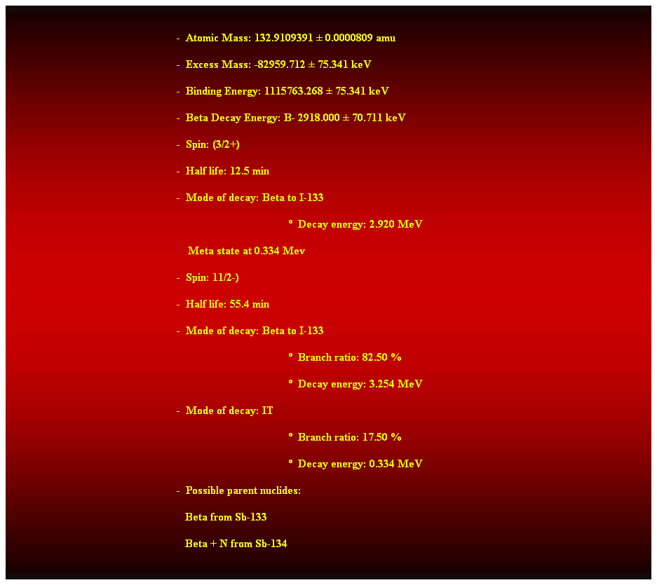 Cuadro de texto:  
-  Atomic Mass: 132.9109391  0.0000809 amu 
-  Excess Mass: -82959.712  75.341 keV 
-  Binding Energy: 1115763.268  75.341 keV 
-  Beta Decay Energy: B- 2918.000  70.711 keV 
-  Spin: (3/2+) 
-  Half life: 12.5 min 
-  Mode of decay: Beta to I-133 
  Decay energy: 2.920 MeV 
    Meta state at 0.334 Mev 
-  Spin: 11/2-) 
-  Half life: 55.4 min 
-  Mode of decay: Beta to I-133 
  Branch ratio: 82.50 % 
  Decay energy: 3.254 MeV 
-  Mode of decay: IT 
  Branch ratio: 17.50 % 
  Decay energy: 0.334 MeV 
-  Possible parent nuclides: 
                                                               Beta from Sb-133 
                                                               Beta + N from Sb-134
