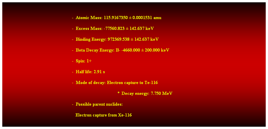 Cuadro de texto:  
-  Atomic Mass: 115.9167350  0.0001531 amu 
-  Excess Mass: -77560.823  142.637 keV 
-  Binding Energy: 972369.538  142.637 keV 
-  Beta Decay Energy: B- -4660.000  200.000 keV 
-  Spin: 1+ 
-  Half life: 2.91 s 
-  Mode of decay: Electron capture to Te-116 
  Decay energy: 7.750 MeV 
-  Possible parent nuclides: 
   Electron capture from Xe-116 
