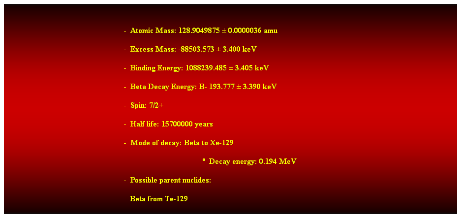 Cuadro de texto:  
-  Atomic Mass: 128.9049875  0.0000036 amu 
-  Excess Mass: -88503.573  3.400 keV 
-  Binding Energy: 1088239.485  3.405 keV 
-  Beta Decay Energy: B- 193.777  3.390 keV 
-  Spin: 7/2+ 
-  Half life: 15700000 years 
-  Mode of decay: Beta to Xe-129 
  Decay energy: 0.194 MeV 
-  Possible parent nuclides: 
   Beta from Te-129 
