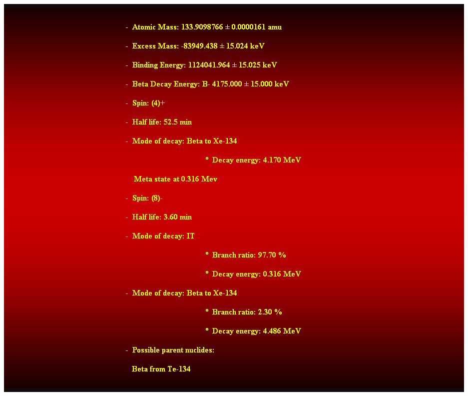 Cuadro de texto:  
-  Atomic Mass: 133.9098766  0.0000161 amu 
-  Excess Mass: -83949.438  15.024 keV 
-  Binding Energy: 1124041.964  15.025 keV 
-  Beta Decay Energy: B- 4175.000  15.000 keV 
-  Spin: (4)+ 
-  Half life: 52.5 min 
-  Mode of decay: Beta to Xe-134 
  Decay energy: 4.170 MeV 
    Meta state at 0.316 Mev 
-  Spin: (8)- 
-  Half life: 3.60 min 
-  Mode of decay: IT 
  Branch ratio: 97.70 % 
  Decay energy: 0.316 MeV 
-  Mode of decay: Beta to Xe-134 
  Branch ratio: 2.30 % 
  Decay energy: 4.486 MeV 
-  Possible parent nuclides: 
   Beta from Te-134 
