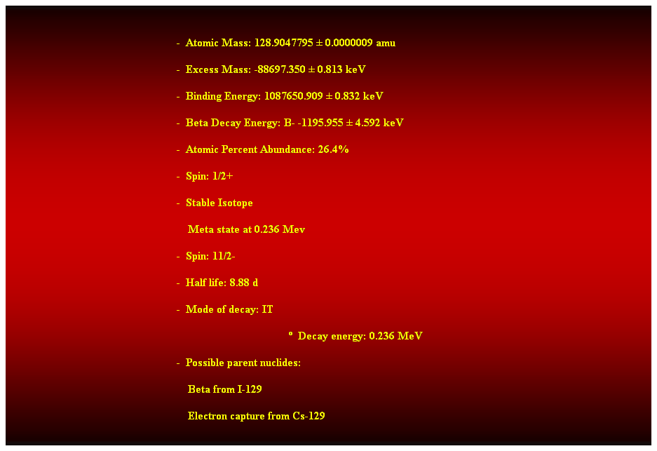 Cuadro de texto:  
-  Atomic Mass: 128.9047795  0.0000009 amu 
-  Excess Mass: -88697.350  0.813 keV 
-  Binding Energy: 1087650.909  0.832 keV 
-  Beta Decay Energy: B- -1195.955  4.592 keV 
-  Atomic Percent Abundance: 26.4% 
-  Spin: 1/2+ 
-  Stable Isotope 
    Meta state at 0.236 Mev 
-  Spin: 11/2- 
-  Half life: 8.88 d 
-  Mode of decay: IT 
  Decay energy: 0.236 MeV 
-  Possible parent nuclides: 
    Beta from I-129 
    Electron capture from Cs-129 
 
