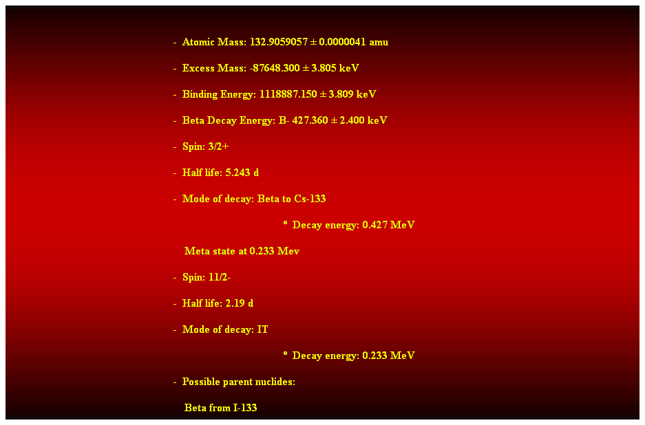 Cuadro de texto:  
-  Atomic Mass: 132.9059057  0.0000041 amu 
-  Excess Mass: -87648.300  3.805 keV 
-  Binding Energy: 1118887.150  3.809 keV 
-  Beta Decay Energy: B- 427.360  2.400 keV 
-  Spin: 3/2+ 
-  Half life: 5.243 d 
-  Mode of decay: Beta to Cs-133 
  Decay energy: 0.427 MeV 
    Meta state at 0.233 Mev 
-  Spin: 11/2- 
-  Half life: 2.19 d 
-  Mode of decay: IT 
  Decay energy: 0.233 MeV 
-  Possible parent nuclides: 
    Beta from I-133 
