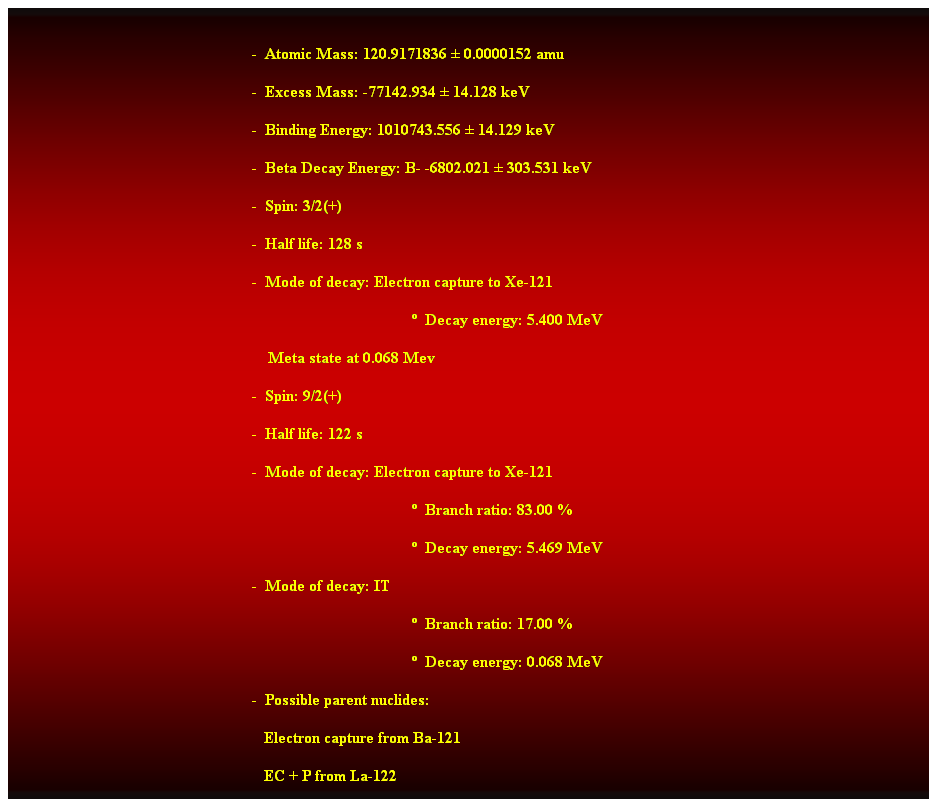 Cuadro de texto:  
-  Atomic Mass: 120.9171836  0.0000152 amu
-  Excess Mass: -77142.934  14.128 keV 
-  Binding Energy: 1010743.556  14.129 keV 
-  Beta Decay Energy: B- -6802.021  303.531 keV 
-  Spin: 3/2(+) 
-  Half life: 128 s 
-  Mode of decay: Electron capture to Xe-121 
  Decay energy: 5.400 MeV 
    Meta state at 0.068 Mev 
-  Spin: 9/2(+) 
-  Half life: 122 s 
-  Mode of decay: Electron capture to Xe-121 
  Branch ratio: 83.00 % 
  Decay energy: 5.469 MeV 
-  Mode of decay: IT 
  Branch ratio: 17.00 % 
  Decay energy: 0.068 MeV 
-  Possible parent nuclides: 
                                                               Electron capture from Ba-121 
                                                               EC + P from La-122 
