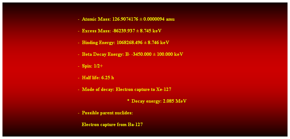 Cuadro de texto:  
-  Atomic Mass: 126.9074176  0.0000094 amu 
-  Excess Mass: -86239.937  8.745 keV 
-  Binding Energy: 1068268.496  8.746 keV 
-  Beta Decay Energy: B- -3450.000  100.000 keV 
-  Spin: 1/2+ 
-  Half life: 6.25 h 
-  Mode of decay: Electron capture to Xe-127 
  Decay energy: 2.085 MeV 
-  Possible parent nuclides: 
   Electron capture from Ba-127
