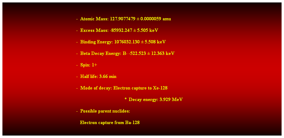 Cuadro de texto:  
-  Atomic Mass: 127.9077479  0.0000059 amu 
-  Excess Mass: -85932.247  5.505 keV 
-  Binding Energy: 1076032.130  5.508 keV 
-  Beta Decay Energy: B- -522.523  12.363 keV 
-  Spin: 1+ 
-  Half life: 3.66 min 
-  Mode of decay: Electron capture to Xe-128 
  Decay energy: 3.929 MeV 
-  Possible parent nuclides: 
                                                               Electron capture from Ba-128
