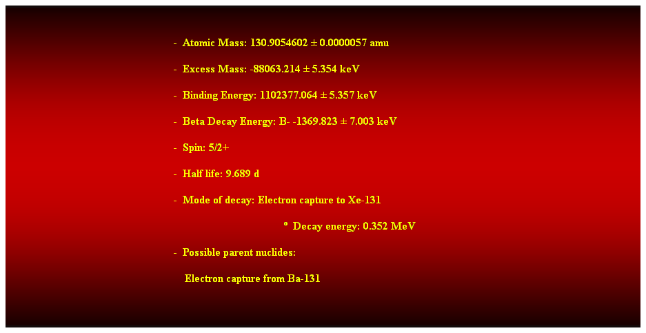 Cuadro de texto:  
-  Atomic Mass: 130.9054602  0.0000057 amu 
-  Excess Mass: -88063.214  5.354 keV 
-  Binding Energy: 1102377.064  5.357 keV 
-  Beta Decay Energy: B- -1369.823  7.003 keV 
-  Spin: 5/2+ 
-  Half life: 9.689 d 
-  Mode of decay: Electron capture to Xe-131 
  Decay energy: 0.352 MeV 
-  Possible parent nuclides: 
    Electron capture from Ba-131 
 
