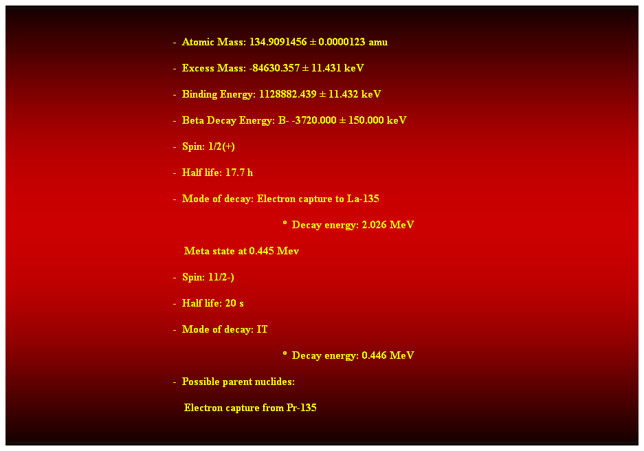 Cuadro de texto:  
-  Atomic Mass: 134.9091456  0.0000123 amu 
-  Excess Mass: -84630.357  11.431 keV 
-  Binding Energy: 1128882.439  11.432 keV 
-  Beta Decay Energy: B- -3720.000  150.000 keV 
-  Spin: 1/2(+) 
-  Half life: 17.7 h 
-  Mode of decay: Electron capture to La-135 
  Decay energy: 2.026 MeV 
    Meta state at 0.445 Mev 
-  Spin: 11/2-) 
-  Half life: 20 s 
-  Mode of decay: IT 
  Decay energy: 0.446 MeV 
-  Possible parent nuclides: 
    Electron capture from Pr-135
