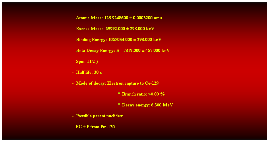 Cuadro de texto:  
-  Atomic Mass: 128.9248600  0.0003200 amu 
-  Excess Mass: -69992.000  298.000 keV 
-  Binding Energy: 1065034.000  298.000 keV 
-  Beta Decay Energy: B- -7819.000  467.000 keV 
-  Spin: 11/2-) 
-  Half life: 30 s 
-  Mode of decay: Electron capture to Ce-129 
  Branch ratio: >0.00 % 
  Decay energy: 6.300 MeV 
-  Possible parent nuclides: 
   EC + P from Pm-130 
