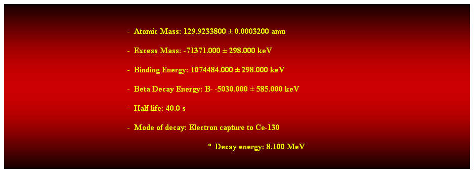 Cuadro de texto:  
-  Atomic Mass: 129.9233800  0.0003200 amu 
-  Excess Mass: -71371.000  298.000 keV 
-  Binding Energy: 1074484.000  298.000 keV 
-  Beta Decay Energy: B- -5030.000  585.000 keV 
-  Half life: 40.0 s 
-  Mode of decay: Electron capture to Ce-130 
  Decay energy: 8.100 MeV
