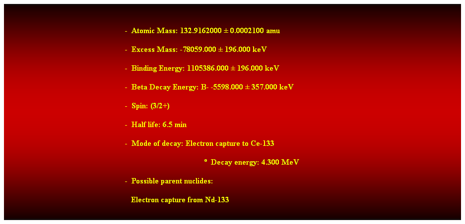 Cuadro de texto:  
-  Atomic Mass: 132.9162000  0.0002100 amu 
-  Excess Mass: -78059.000  196.000 keV 
-  Binding Energy: 1105386.000  196.000 keV 
-  Beta Decay Energy: B- -5598.000  357.000 keV 
-  Spin: (3/2+) 
-  Half life: 6.5 min 
-  Mode of decay: Electron capture to Ce-133 
  Decay energy: 4.300 MeV 
-  Possible parent nuclides: 
   Electron capture from Nd-133 
