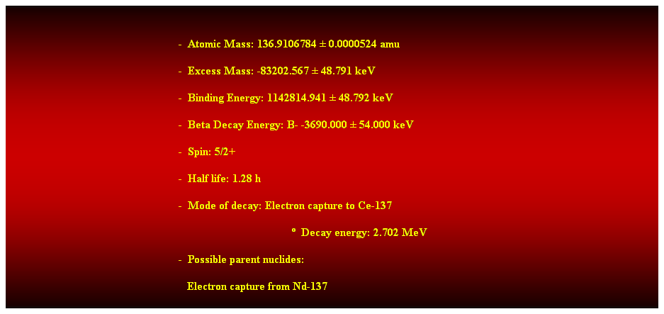 Cuadro de texto:  
-  Atomic Mass: 136.9106784  0.0000524 amu 
-  Excess Mass: -83202.567  48.791 keV 
-  Binding Energy: 1142814.941  48.792 keV 
-  Beta Decay Energy: B- -3690.000  54.000 keV 
-  Spin: 5/2+ 
-  Half life: 1.28 h 
-  Mode of decay: Electron capture to Ce-137 
  Decay energy: 2.702 MeV 
-  Possible parent nuclides: 
   Electron capture from Nd-137 
