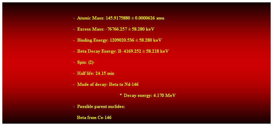 Cuadro de texto:  
-  Atomic Mass: 145.9175880  0.0000626 amu 
-  Excess Mass: -76766.257  58.280 keV 
-  Binding Energy: 1209020.536  58.280 keV 
-  Beta Decay Energy: B- 4169.252  58.218 keV 
-  Spin: (2)- 
-  Half life: 24.15 min 
-  Mode of decay: Beta to Nd-146 
  Decay energy: 4.170 MeV 
-  Possible parent nuclides: 
   Beta from Ce-146 
