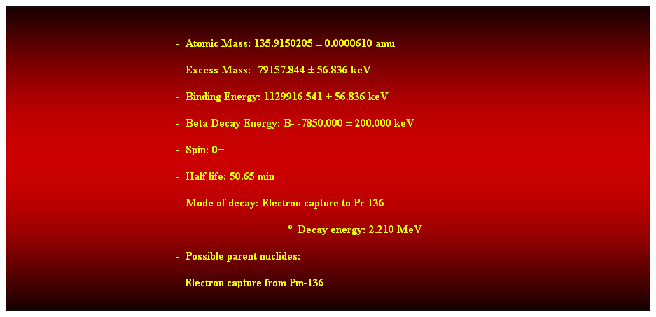 Cuadro de texto:  
-  Atomic Mass: 135.9150205  0.0000610 amu 
-  Excess Mass: -79157.844  56.836 keV 
-  Binding Energy: 1129916.541  56.836 keV 
-  Beta Decay Energy: B- -7850.000  200.000 keV 
-  Spin: 0+ 
-  Half life: 50.65 min 
-  Mode of decay: Electron capture to Pr-136 
  Decay energy: 2.210 MeV 
-  Possible parent nuclides: 
   Electron capture from Pm-136
