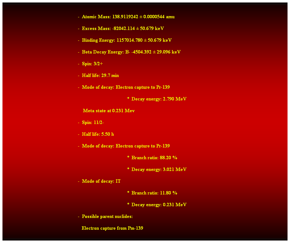 Cuadro de texto:  
-  Atomic Mass: 138.9119242  0.0000544 amu 
-  Excess Mass: -82042.114  50.679 keV 
-  Binding Energy: 1157014.780  50.679 keV 
-  Beta Decay Energy: B- -4504.392  29.096 keV 
-  Spin: 3/2+ 
-  Half life: 29.7 min 
-  Mode of decay: Electron capture to Pr-139 
  Decay energy: 2.790 MeV 
    Meta state at 0.231 Mev 
-  Spin: 11/2- 
-  Half life: 5.50 h 
-  Mode of decay: Electron capture to Pr-139 
  Branch ratio: 88.20 % 
  Decay energy: 3.021 MeV 
-  Mode of decay: IT 
  Branch ratio: 11.80 % 
  Decay energy: 0.231 MeV 
-  Possible parent nuclides: 
   Electron capture from Pm-139 
