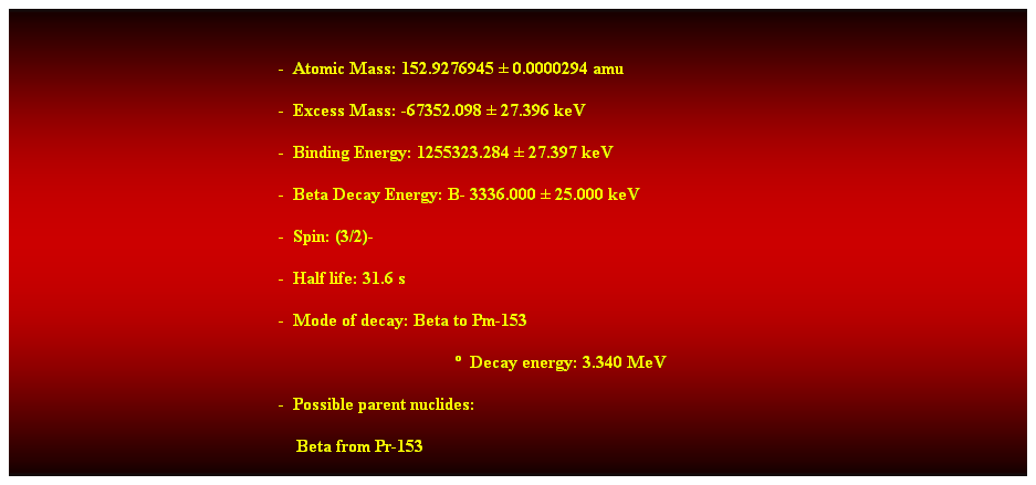 Cuadro de texto:  
-  Atomic Mass: 152.9276945  0.0000294 amu 
-  Excess Mass: -67352.098  27.396 keV 
-  Binding Energy: 1255323.284  27.397 keV 
-  Beta Decay Energy: B- 3336.000  25.000 keV 
-  Spin: (3/2)- 
-  Half life: 31.6 s 
-  Mode of decay: Beta to Pm-153 
  Decay energy: 3.340 MeV 
-  Possible parent nuclides: 
    Beta from Pr-153 
 
