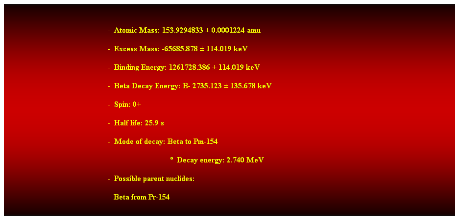 Cuadro de texto:  
                                                    -  Atomic Mass: 153.9294833  0.0001224 amu 
                                                    -  Excess Mass: -65685.878  114.019 keV 
                                                    -  Binding Energy: 1261728.386  114.019 keV 
                                                    -  Beta Decay Energy: B- 2735.123  135.678 keV 
                                                    -  Spin: 0+ 
                                                    -  Half life: 25.9 s 
                                                    -  Mode of decay: Beta to Pm-154 
                                                                                      Decay energy: 2.740 MeV 
                                                    -  Possible parent nuclides: 
                                                       Beta from Pr-154 
