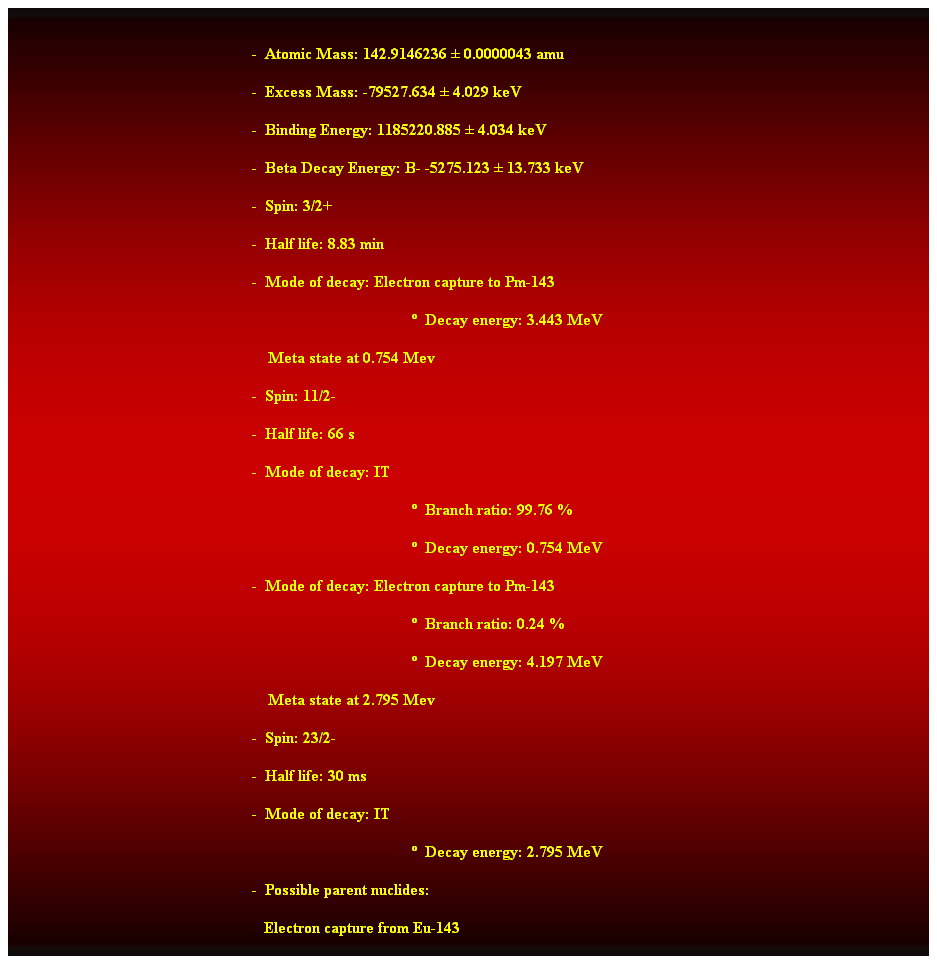 Cuadro de texto:  
-  Atomic Mass: 142.9146236  0.0000043 amu 
-  Excess Mass: -79527.634  4.029 keV 
-  Binding Energy: 1185220.885  4.034 keV 
-  Beta Decay Energy: B- -5275.123  13.733 keV 
-  Spin: 3/2+ 
-  Half life: 8.83 min 
-  Mode of decay: Electron capture to Pm-143 
  Decay energy: 3.443 MeV 
    Meta state at 0.754 Mev 
-  Spin: 11/2- 
-  Half life: 66 s 
-  Mode of decay: IT 
  Branch ratio: 99.76 % 
  Decay energy: 0.754 MeV 
-  Mode of decay: Electron capture to Pm-143 
  Branch ratio: 0.24 % 
  Decay energy: 4.197 MeV 
    Meta state at 2.795 Mev 
-  Spin: 23/2- 
-  Half life: 30 ms 
-  Mode of decay: IT 
  Decay energy: 2.795 MeV 
-  Possible parent nuclides: 
   Electron capture from Eu-143 
