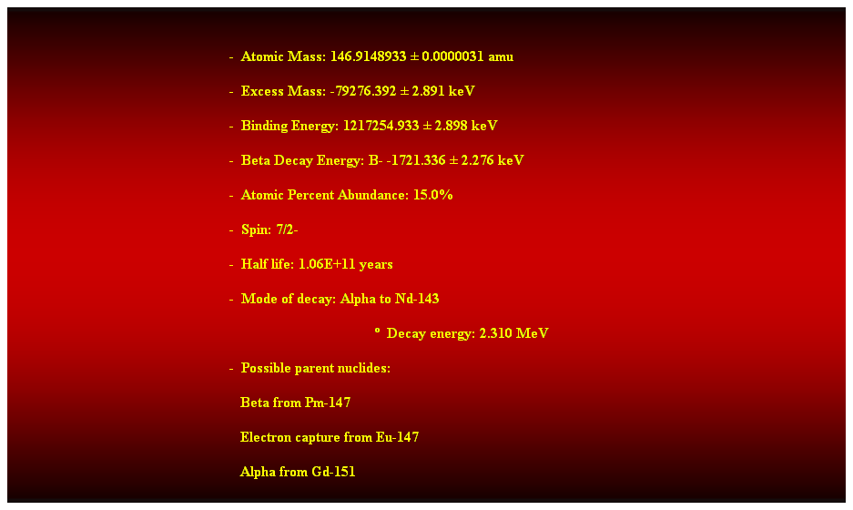 Cuadro de texto:  
-  Atomic Mass: 146.9148933  0.0000031 amu 
-  Excess Mass: -79276.392  2.891 keV 
-  Binding Energy: 1217254.933  2.898 keV 
-  Beta Decay Energy: B- -1721.336  2.276 keV 
-  Atomic Percent Abundance: 15.0% 
-  Spin: 7/2- 
-  Half life: 1.06E+11 years 
-  Mode of decay: Alpha to Nd-143 
  Decay energy: 2.310 MeV 
-  Possible parent nuclides: 
                                                               Beta from Pm-147 
                                                               Electron capture from Eu-147 
                                                               Alpha from Gd-151 
