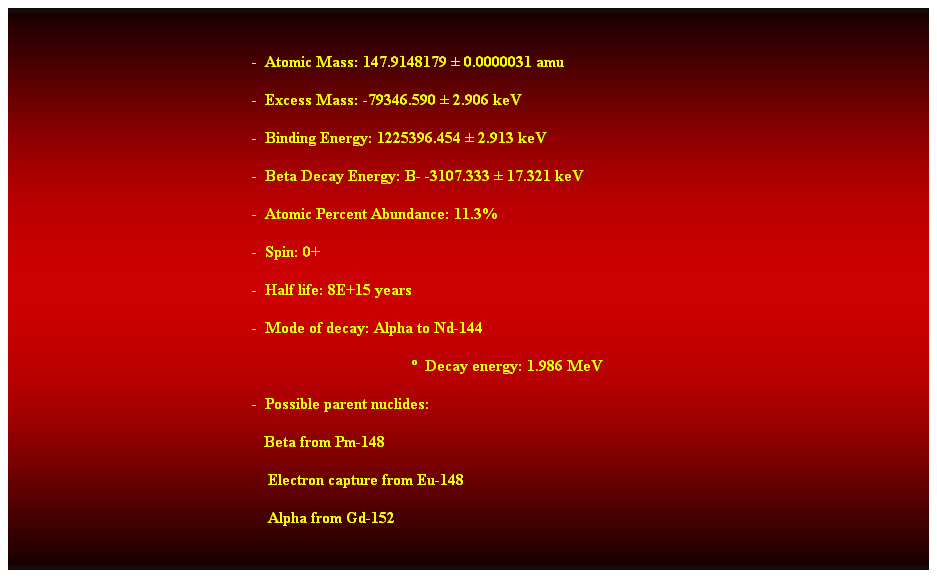 Cuadro de texto:  
-  Atomic Mass: 147.9148179  0.0000031 amu 
-  Excess Mass: -79346.590  2.906 keV 
-  Binding Energy: 1225396.454  2.913 keV 
-  Beta Decay Energy: B- -3107.333  17.321 keV 
-  Atomic Percent Abundance: 11.3% 
-  Spin: 0+ 
-  Half life: 8E+15 years 
-  Mode of decay: Alpha to Nd-144 
  Decay energy: 1.986 MeV 
-  Possible parent nuclides: 
                                                               Beta from Pm-148 
                                                                Electron capture from Eu-148 
                                                                Alpha from Gd-152 
