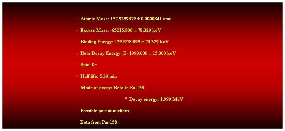 Cuadro de texto:  
-  Atomic Mass: 157.9299879  0.0000841 amu 
-  Excess Mass: -65215.806  78.329 keV 
-  Binding Energy: 1291978.899  78.329 keV 
-  Beta Decay Energy: B- 1999.000  15.000 keV 
-  Spin: 0+ 
-  Half life: 5.30 min 
-  Mode of decay: Beta to Eu-158 
  Decay energy: 1.999 MeV 
-  Possible parent nuclides: 
   Beta from Pm-158 
