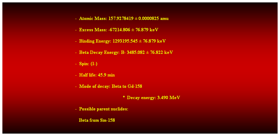 Cuadro de texto:  
-  Atomic Mass: 157.9278419  0.0000825 amu 
-  Excess Mass: -67214.806  76.879 keV 
-  Binding Energy: 1293195.545  76.879 keV 
-  Beta Decay Energy: B- 3485.082  76.822 keV 
-  Spin: (1-) 
-  Half life: 45.9 min 
-  Mode of decay: Beta to Gd-158 
  Decay energy: 3.490 MeV 
-  Possible parent nuclides: 
   Beta from Sm-158 
