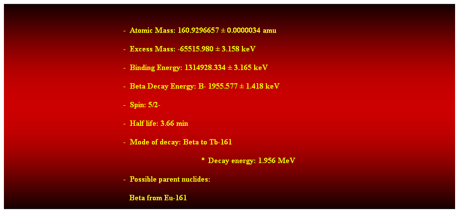 Cuadro de texto:  
-  Atomic Mass: 160.9296657  0.0000034 amu 
-  Excess Mass: -65515.980  3.158 keV 
-  Binding Energy: 1314928.334  3.165 keV 
-  Beta Decay Energy: B- 1955.577  1.418 keV 
-  Spin: 5/2- 
-  Half life: 3.66 min 
-  Mode of decay: Beta to Tb-161 
  Decay energy: 1.956 MeV 
-  Possible parent nuclides: 
   Beta from Eu-161 
