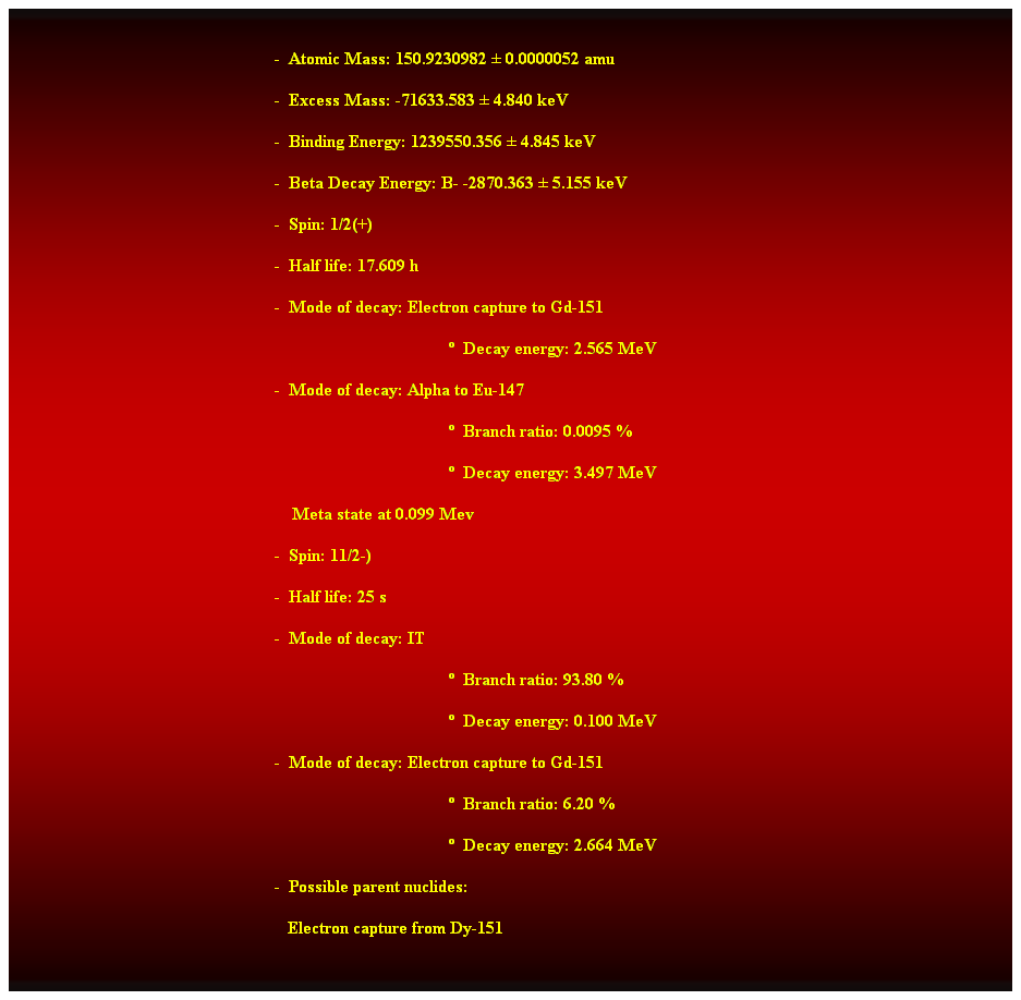 Cuadro de texto:  
-  Atomic Mass: 150.9230982  0.0000052 amu 
-  Excess Mass: -71633.583  4.840 keV 
-  Binding Energy: 1239550.356  4.845 keV 
-  Beta Decay Energy: B- -2870.363  5.155 keV 
-  Spin: 1/2(+) 
-  Half life: 17.609 h 
-  Mode of decay: Electron capture to Gd-151 
  Decay energy: 2.565 MeV 
-  Mode of decay: Alpha to Eu-147 
  Branch ratio: 0.0095 % 
  Decay energy: 3.497 MeV 
    Meta state at 0.099 Mev 
-  Spin: 11/2-) 
-  Half life: 25 s 
-  Mode of decay: IT 
  Branch ratio: 93.80 % 
  Decay energy: 0.100 MeV 
-  Mode of decay: Electron capture to Gd-151 
  Branch ratio: 6.20 % 
  Decay energy: 2.664 MeV 
-  Possible parent nuclides: 
   Electron capture from Dy-151
