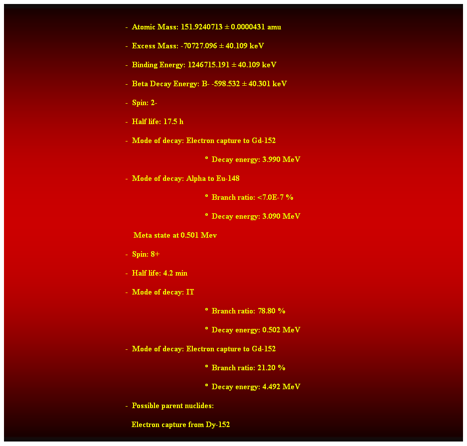 Cuadro de texto:  
-  Atomic Mass: 151.9240713  0.0000431 amu 
-  Excess Mass: -70727.096  40.109 keV 
-  Binding Energy: 1246715.191  40.109 keV 
-  Beta Decay Energy: B- -598.532  40.301 keV 
-  Spin: 2- 
-  Half life: 17.5 h 
-  Mode of decay: Electron capture to Gd-152 
  Decay energy: 3.990 MeV 
-  Mode of decay: Alpha to Eu-148 
  Branch ratio: <7.0E-7 % 
  Decay energy: 3.090 MeV 
    Meta state at 0.501 Mev 
-  Spin: 8+ 
-  Half life: 4.2 min 
-  Mode of decay: IT 
  Branch ratio: 78.80 % 
  Decay energy: 0.502 MeV 
-  Mode of decay: Electron capture to Gd-152 
  Branch ratio: 21.20 % 
  Decay energy: 4.492 MeV 
-  Possible parent nuclides: 
   Electron capture from Dy-152 
