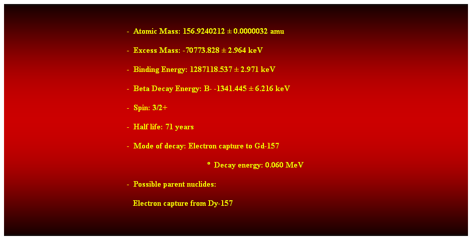 Cuadro de texto:  
-  Atomic Mass: 156.9240212  0.0000032 amu 
-  Excess Mass: -70773.828  2.964 keV 
-  Binding Energy: 1287118.537  2.971 keV 
-  Beta Decay Energy: B- -1341.445  6.216 keV 
-  Spin: 3/2+ 
-  Half life: 71 years 
-  Mode of decay: Electron capture to Gd-157 
  Decay energy: 0.060 MeV 
-  Possible parent nuclides: 
   Electron capture from Dy-157 
