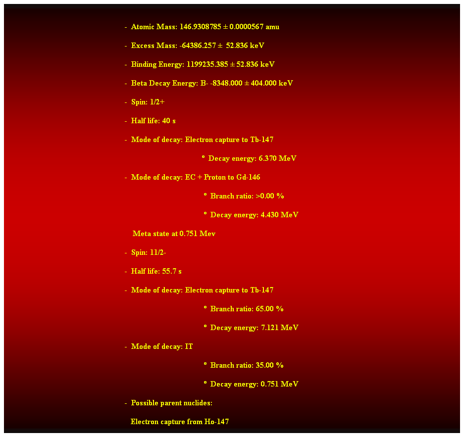 Cuadro de texto:  
-  Atomic Mass: 146.9308785  0.0000567 amu 
-  Excess Mass: -64386.257   52.836 keV 
-  Binding Energy: 1199235.385  52.836 keV 
-  Beta Decay Energy: B- -8348.000  404.000 keV 
-  Spin: 1/2+ 
-  Half life: 40 s 
-  Mode of decay: Electron capture to Tb-147 
                                         Decay energy: 6.370 MeV 
-  Mode of decay: EC + Proton to Gd-146 
  Branch ratio: >0.00 % 
  Decay energy: 4.430 MeV 
    Meta state at 0.751 Mev 
-  Spin: 11/2- 
-  Half life: 55.7 s 
-  Mode of decay: Electron capture to Tb-147 
  Branch ratio: 65.00 % 
  Decay energy: 7.121 MeV 
-  Mode of decay: IT 
  Branch ratio: 35.00 % 
  Decay energy: 0.751 MeV 
-  Possible parent nuclides: 
   Electron capture from Ho-147 
