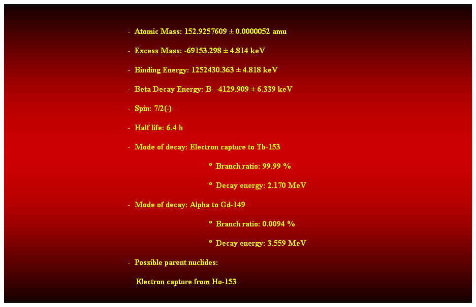 Cuadro de texto:  
-  Atomic Mass: 152.9257609  0.0000052 amu 
-  Excess Mass: -69153.298  4.814 keV 
-  Binding Energy: 1252430.363  4.818 keV 
-  Beta Decay Energy: B- -4129.909  6.339 keV 
-  Spin: 7/2(-) 
-  Half life: 6.4 h 
-  Mode of decay: Electron capture to Tb-153 
  Branch ratio: 99.99 % 
  Decay energy: 2.170 MeV 
-  Mode of decay: Alpha to Gd-149 
  Branch ratio: 0.0094 % 
  Decay energy: 3.559 MeV 
-  Possible parent nuclides: 
    Electron capture from Ho-153 
