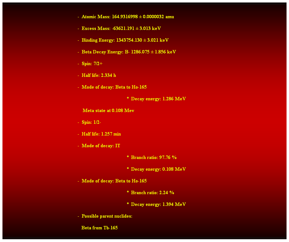 Cuadro de texto:  
-  Atomic Mass: 164.9316998  0.0000032 amu 
-  Excess Mass: -63621.191  3.013 keV 
-  Binding Energy: 1343754.130  3.021 keV 
-  Beta Decay Energy: B- 1286.075  1.856 keV 
-  Spin: 7/2+ 
-  Half life: 2.334 h 
-  Mode of decay: Beta to Ho-165 
  Decay energy: 1.286 MeV 
    Meta state at 0.108 Mev 
-  Spin: 1/2- 
-  Half life: 1.257 min 
-  Mode of decay: IT 
  Branch ratio: 97.76 % 
  Decay energy: 0.108 MeV 
-  Mode of decay: Beta to Ho-165 
  Branch ratio: 2.24 % 
  Decay energy: 1.394 MeV 
-  Possible parent nuclides: 
   Beta from Tb-165 
