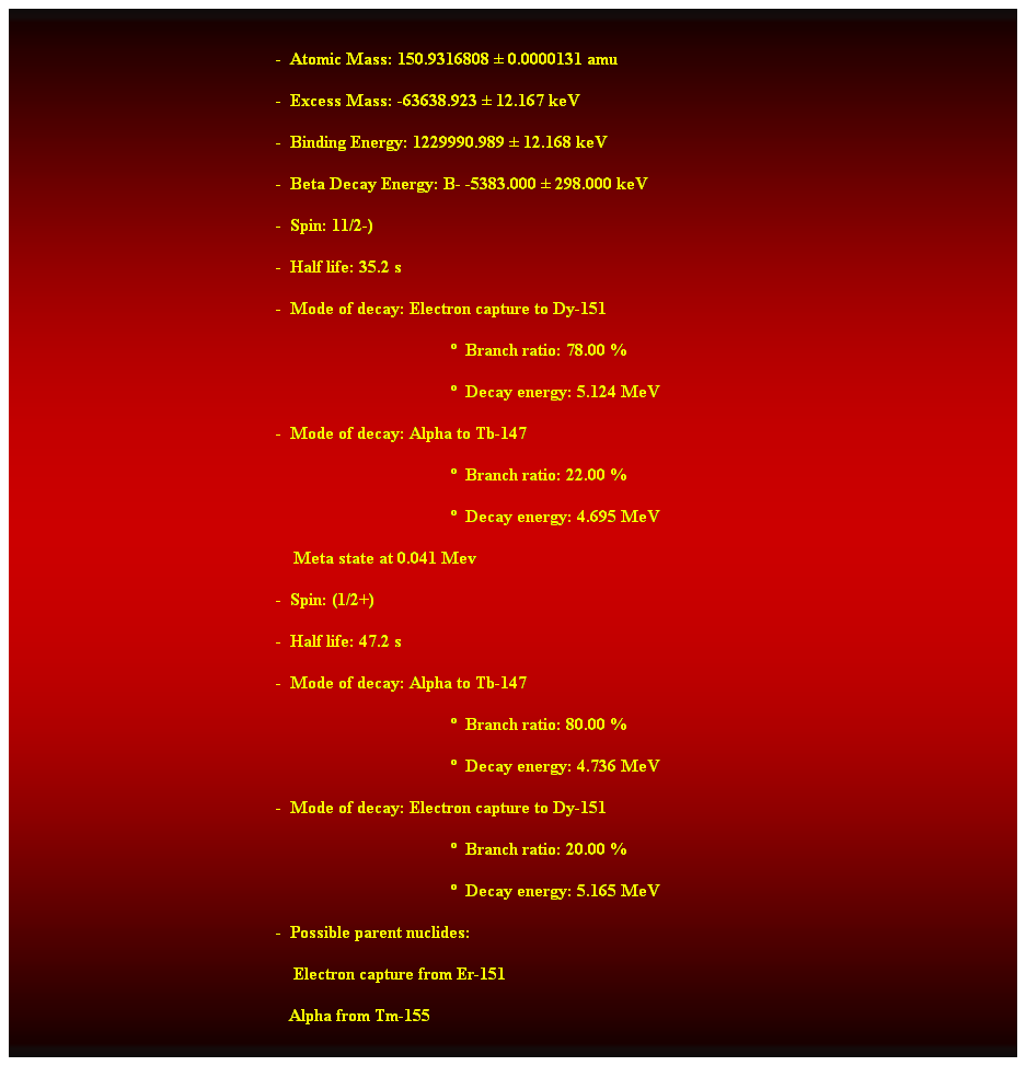 Cuadro de texto:  
-  Atomic Mass: 150.9316808  0.0000131 amu 
-  Excess Mass: -63638.923  12.167 keV 
-  Binding Energy: 1229990.989  12.168 keV 
-  Beta Decay Energy: B- -5383.000  298.000 keV 
-  Spin: 11/2-) 
-  Half life: 35.2 s 
-  Mode of decay: Electron capture to Dy-151 
  Branch ratio: 78.00 % 
  Decay energy: 5.124 MeV 
-  Mode of decay: Alpha to Tb-147 
  Branch ratio: 22.00 % 
  Decay energy: 4.695 MeV 
    Meta state at 0.041 Mev 
-  Spin: (1/2+) 
-  Half life: 47.2 s 
-  Mode of decay: Alpha to Tb-147 
  Branch ratio: 80.00 % 
  Decay energy: 4.736 MeV 
-  Mode of decay: Electron capture to Dy-151 
  Branch ratio: 20.00 % 
  Decay energy: 5.165 MeV 
-  Possible parent nuclides: 
    Electron capture from Er-151 
   Alpha from Tm-155 
