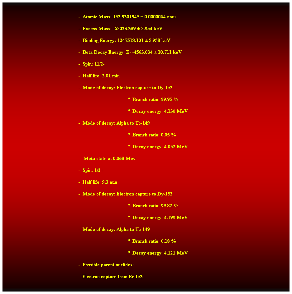 Cuadro de texto:  
-  Atomic Mass: 152.9301945  0.0000064 amu 
-  Excess Mass: -65023.389  5.954 keV 
-  Binding Energy: 1247518.101  5.958 keV 
-  Beta Decay Energy: B- -4563.034  10.711 keV 
-  Spin: 11/2- 
-  Half life: 2.01 min 
-  Mode of decay: Electron capture to Dy-153 
  Branch ratio: 99.95 % 
  Decay energy: 4.130 MeV 
-  Mode of decay: Alpha to Tb-149 
  Branch ratio: 0.05 % 
  Decay energy: 4.052 MeV 
    Meta state at 0.068 Mev 
-  Spin: 1/2+ 
-  Half life: 9.3 min 
-  Mode of decay: Electron capture to Dy-153 
  Branch ratio: 99.82 % 
  Decay energy: 4.199 MeV 
-  Mode of decay: Alpha to Tb-149 
  Branch ratio: 0.18 % 
  Decay energy: 4.121 MeV 
-  Possible parent nuclides: 
   Electron capture from Er-153 
