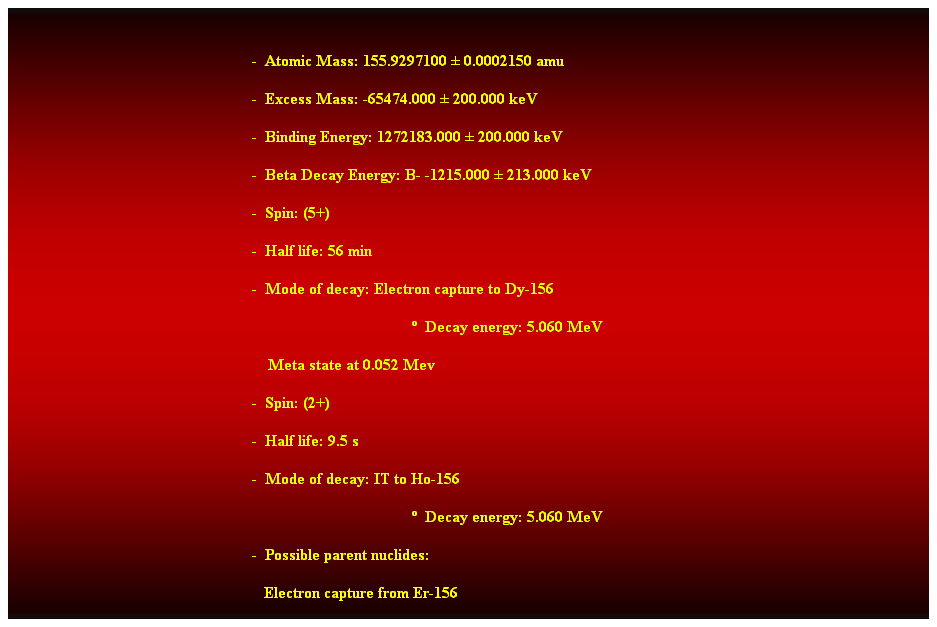 Cuadro de texto:  
-  Atomic Mass: 155.9297100  0.0002150 amu 
-  Excess Mass: -65474.000  200.000 keV 
-  Binding Energy: 1272183.000  200.000 keV 
-  Beta Decay Energy: B- -1215.000  213.000 keV 
-  Spin: (5+) 
-  Half life: 56 min 
-  Mode of decay: Electron capture to Dy-156 
  Decay energy: 5.060 MeV 
    Meta state at 0.052 Mev 
-  Spin: (2+) 
-  Half life: 9.5 s 
-  Mode of decay: IT to Ho-156 
  Decay energy: 5.060 MeV 
-  Possible parent nuclides: 
   Electron capture from Er-156 
