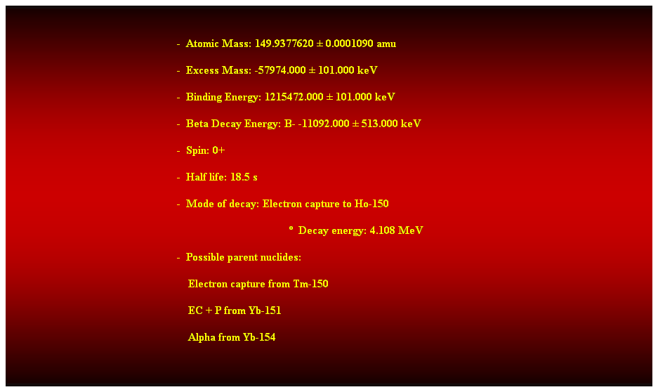 Cuadro de texto:  
-  Atomic Mass: 149.9377620  0.0001090 amu 
-  Excess Mass: -57974.000  101.000 keV 
-  Binding Energy: 1215472.000  101.000 keV 
-  Beta Decay Energy: B- -11092.000  513.000 keV 
-  Spin: 0+ 
-  Half life: 18.5 s 
-  Mode of decay: Electron capture to Ho-150 
  Decay energy: 4.108 MeV 
-  Possible parent nuclides: 
    Electron capture from Tm-150  
    EC + P from Yb-151 
    Alpha from Yb-154 
