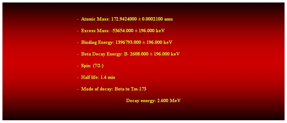 Cuadro de texto:  
-  Atomic Mass: 172.9424000  0.0002100 amu 
-  Excess Mass: -53654.000  196.000 keV 
-  Binding Energy: 1396793.000  196.000 keV 
-  Beta Decay Energy: B- 2608.000  196.000 keV 
-  Spin: (7/2-) 
-  Half life: 1.4 min 
-  Mode of decay: Beta to Tm-173 
Decay energy: 2.600 MeV 
