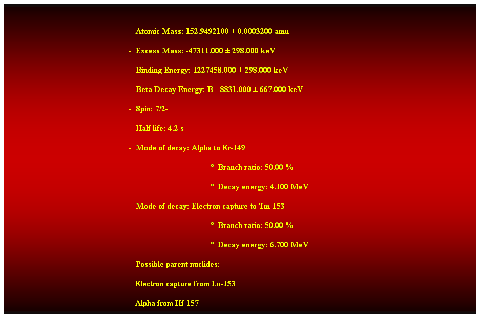 Cuadro de texto:  
-  Atomic Mass: 152.9492100  0.0003200 amu 
-  Excess Mass: -47311.000  298.000 keV 
-  Binding Energy: 1227458.000  298.000 keV 
-  Beta Decay Energy: B- -8831.000  667.000 keV 
-  Spin: 7/2- 
-  Half life: 4.2 s 
-  Mode of decay: Alpha to Er-149 
  Branch ratio: 50.00 % 
  Decay energy: 4.100 MeV 
-  Mode of decay: Electron capture to Tm-153 
  Branch ratio: 50.00 % 
  Decay energy: 6.700 MeV 
-  Possible parent nuclides: 
                                                               Electron capture from Lu-153 
                                                               Alpha from Hf-157 
