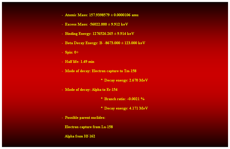 Cuadro de texto:  
-  Atomic Mass: 157.9398579  0.0000106 amu 
-  Excess Mass: -56022.000  9.912 keV 
-  Binding Energy: 1276526.265  9.914 keV 
-  Beta Decay Energy: B- -8673.000  123.000 keV 
-  Spin: 0+ 
-  Half life: 1.49 min 
-  Mode of decay: Electron capture to Tm-158 
  Decay energy: 2.670 MeV 
-  Mode of decay: Alpha to Er-154 
  Branch ratio: ~0.0021 % 
  Decay energy: 4.171 MeV 
-  Possible parent nuclides: 
                                                               Electron capture from Lu-158 
                                                               Alpha from Hf-162 
 
