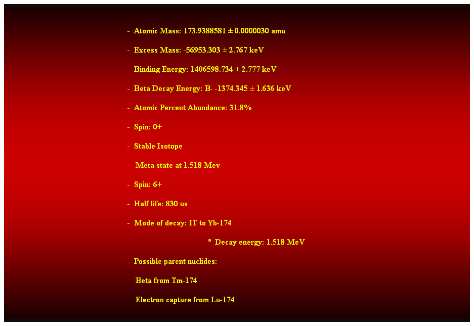 Cuadro de texto:  
-  Atomic Mass: 173.9388581  0.0000030 amu 
-  Excess Mass: -56953.303  2.767 keV 
-  Binding Energy: 1406598.734  2.777 keV 
-  Beta Decay Energy: B- -1374.345  1.636 keV 
-  Atomic Percent Abundance: 31.8% 
-  Spin: 0+ 
-  Stable Isotope 
    Meta state at 1.518 Mev 
-  Spin: 6+ 
-  Half life: 830 us 
-  Mode of decay: IT to Yb-174 
  Decay energy: 1.518 MeV 
-  Possible parent nuclides: 
    Beta from Tm-174 
    Electron capture from Lu-174
