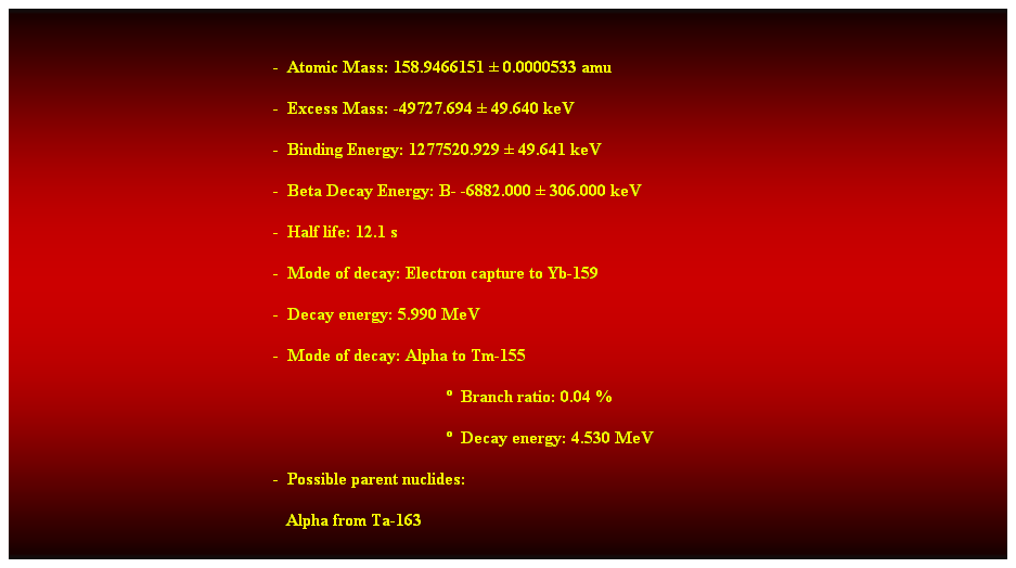 Cuadro de texto:  
-  Atomic Mass: 158.9466151  0.0000533 amu 
-  Excess Mass: -49727.694  49.640 keV 
-  Binding Energy: 1277520.929  49.641 keV 
-  Beta Decay Energy: B- -6882.000  306.000 keV 
-  Half life: 12.1 s 
-  Mode of decay: Electron capture to Yb-159 
-  Decay energy: 5.990 MeV 
-  Mode of decay: Alpha to Tm-155 
  Branch ratio: 0.04 % 
  Decay energy: 4.530 MeV 
-  Possible parent nuclides: 
   Alpha from Ta-163 
