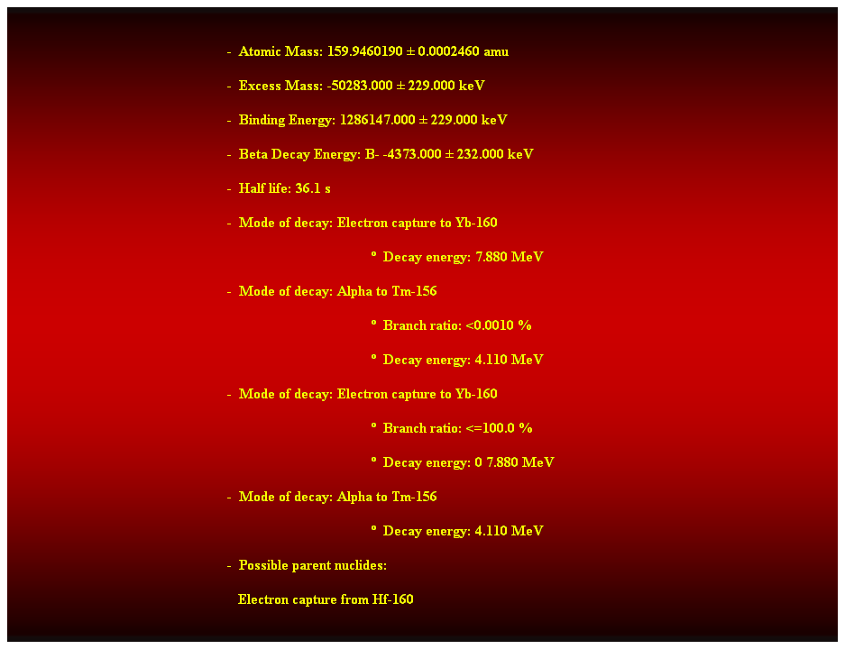 Cuadro de texto:  
-  Atomic Mass: 159.9460190  0.0002460 amu 
-  Excess Mass: -50283.000  229.000 keV 
-  Binding Energy: 1286147.000  229.000 keV 
-  Beta Decay Energy: B- -4373.000  232.000 keV 
-  Half life: 36.1 s 
-  Mode of decay: Electron capture to Yb-160 
  Decay energy: 7.880 MeV 
-  Mode of decay: Alpha to Tm-156 
  Branch ratio: <0.0010 % 
  Decay energy: 4.110 MeV 
-  Mode of decay: Electron capture to Yb-160 
  Branch ratio: <=100.0 % 
  Decay energy: 0 7.880 MeV 
-  Mode of decay: Alpha to Tm-156 
  Decay energy: 4.110 MeV 
-  Possible parent nuclides: 
   Electron capture from Hf-160 
