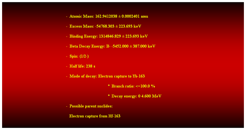 Cuadro de texto:  
-  Atomic Mass: 162.9412038  0.0002401 amu 
-  Excess Mass: -54768.303  223.693 keV 
-  Binding Energy: 1314846.829  223.693 keV 
-  Beta Decay Energy: B- -5452.000  387.000 keV 
-  Spin: (1/2-) 
-  Half life: 238 s 
-  Mode of decay: Electron capture to Yb-163 
  Branch ratio: <=100.0 % 
  Decay energy: 0 4.600 MeV 
-  Possible parent nuclides: 
   Electron capture from Hf-163
