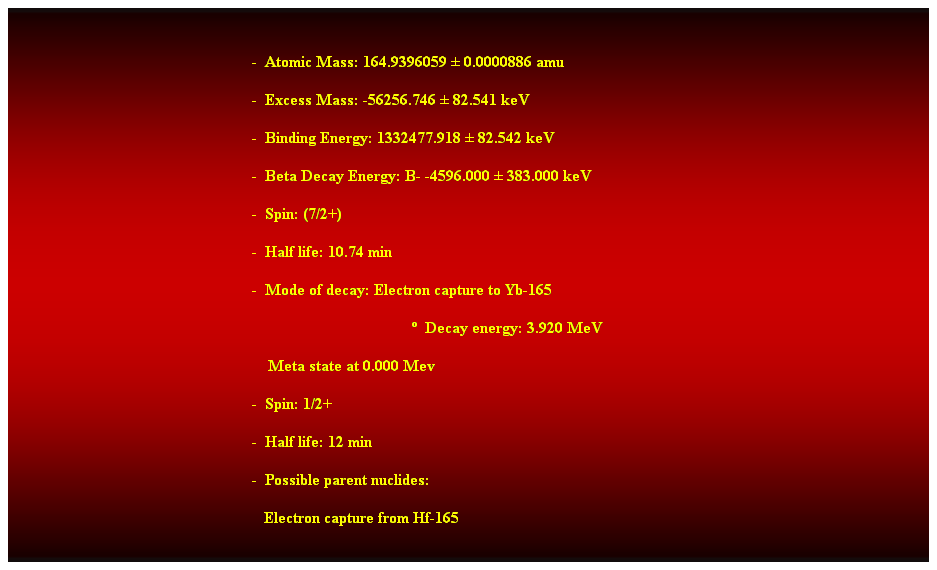 Cuadro de texto:  
-  Atomic Mass: 164.9396059  0.0000886 amu 
-  Excess Mass: -56256.746  82.541 keV 
-  Binding Energy: 1332477.918  82.542 keV 
-  Beta Decay Energy: B- -4596.000  383.000 keV 
-  Spin: (7/2+) 
-  Half life: 10.74 min 
-  Mode of decay: Electron capture to Yb-165 
  Decay energy: 3.920 MeV 
    Meta state at 0.000 Mev 
-  Spin: 1/2+ 
-  Half life: 12 min 
-  Possible parent nuclides: 
   Electron capture from Hf-165 
