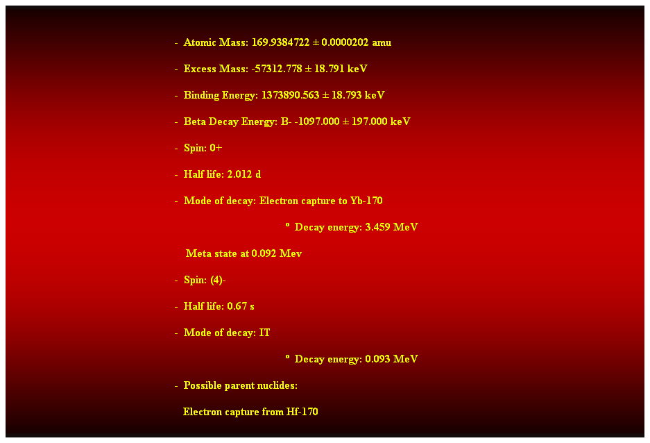 Cuadro de texto:  
-  Atomic Mass: 169.9384722  0.0000202 amu 
-  Excess Mass: -57312.778  18.791 keV 
-  Binding Energy: 1373890.563  18.793 keV 
-  Beta Decay Energy: B- -1097.000  197.000 keV 
-  Spin: 0+ 
-  Half life: 2.012 d 
-  Mode of decay: Electron capture to Yb-170 
  Decay energy: 3.459 MeV 
    Meta state at 0.092 Mev 
-  Spin: (4)- 
-  Half life: 0.67 s 
-  Mode of decay: IT 
  Decay energy: 0.093 MeV 
-  Possible parent nuclides: 
   Electron capture from Hf-170
