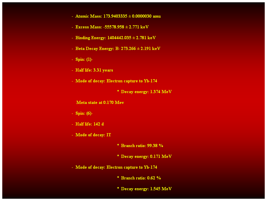 Cuadro de texto:  
-  Atomic Mass: 173.9403335  0.0000030 amu 
-  Excess Mass: -55578.958  2.771 keV 
-  Binding Energy: 1404442.035  2.781 keV 
-  Beta Decay Energy: B- 273.266  2.191 keV 
-  Spin: (1)- 
-  Half life: 3.31 years 
-  Mode of decay: Electron capture to Yb-174 
  Decay energy: 1.374 MeV 
    Meta state at 0.170 Mev 
-  Spin: (6)- 
-  Half life: 142 d 
-  Mode of decay: IT 
  Branch ratio: 99.38 % 
  Decay energy: 0.171 MeV 
-  Mode of decay: Electron capture to Yb-174 
  Branch ratio: 0.62 % 
  Decay energy: 1.545 MeV 
