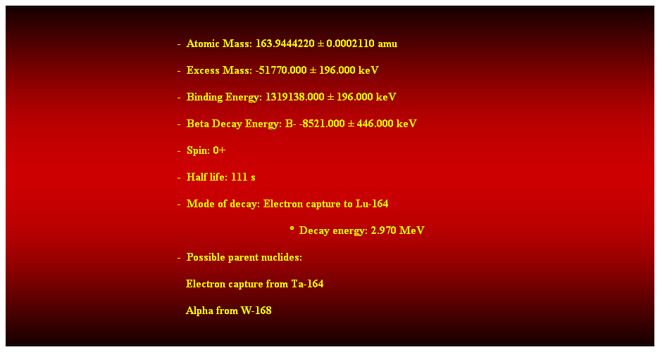 Cuadro de texto:  
-  Atomic Mass: 163.9444220  0.0002110 amu 
-  Excess Mass: -51770.000  196.000 keV 
-  Binding Energy: 1319138.000  196.000 keV 
-  Beta Decay Energy: B- -8521.000  446.000 keV 
-  Spin: 0+ 
-  Half life: 111 s 
-  Mode of decay: Electron capture to Lu-164 
  Decay energy: 2.970 MeV 
-  Possible parent nuclides: 
                                                               Electron capture from Ta-164 
                                                               Alpha from W-168 
